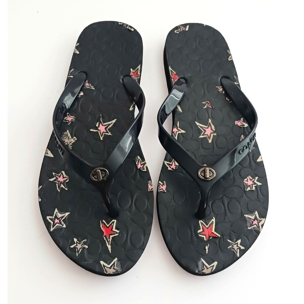 Coach Abbigail Turnlock Flip Flops Black C Logo Embossed Insole w Stars Sz 9 - Picture 1 of 9